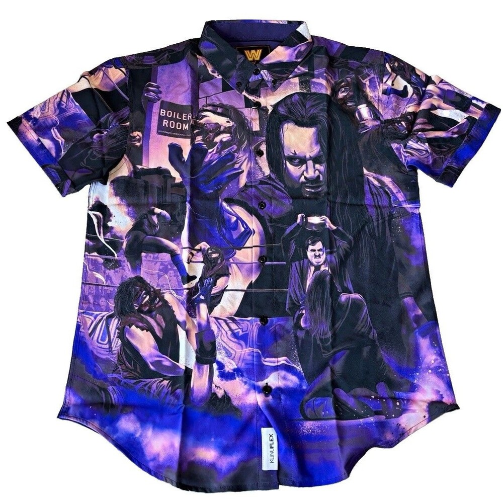 NWT RSVLTS X WWE Undertaker Boiler Room Brawl KUNUFLEX Purple Button Up Shirt M